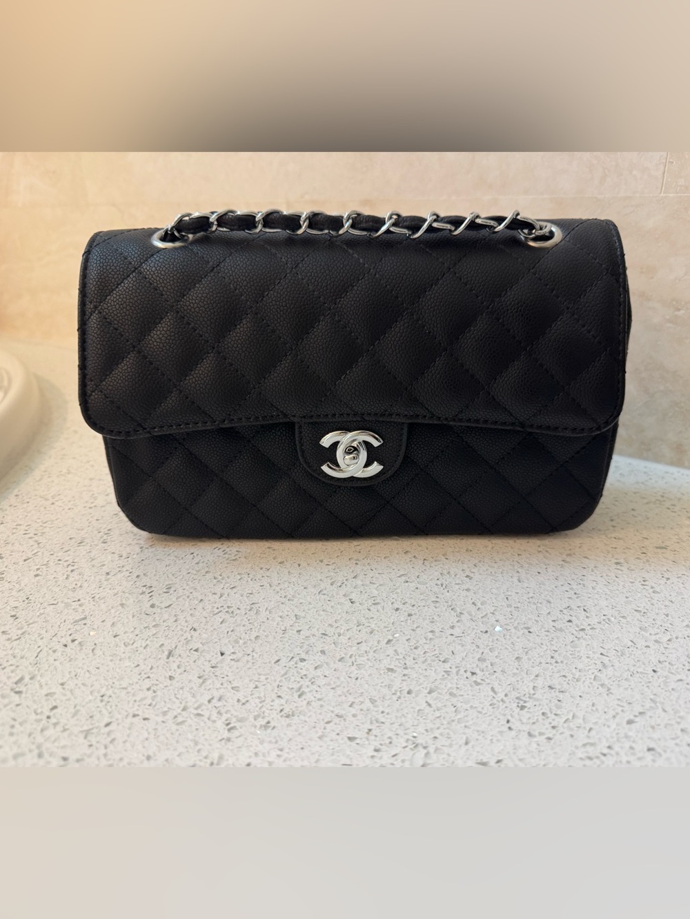 Black Quilted Shoulder Bag with Silver Chain